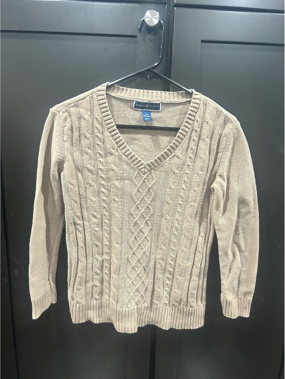 Karen Scott Beige Cable Knit V-Neck Sweater XS
